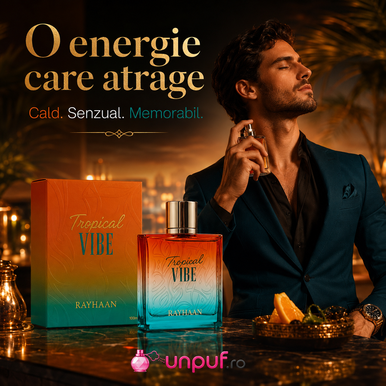 Parfum Arăbesc Rayhaan Tropical Vibe EDP 100 ml pentru bărbați, aromă caldă, senzuală și memorabilă